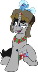 Size: 633x1200 | Tagged: safe, artist:binkyt11, derpibooru original, character:trixie, oc, oc only, oc:ragtime melody, species:pony, species:unicorn, 2019 community collab, derpibooru community collaboration, alcohol, belarus, clothing, drunk, faec, firealpaca, hat, lei, male, medibang paint, messy mane, messy tail, plushie, shorts, simple background, solo, stallion, tired, transparent background, ushanka, vodka