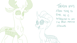 Size: 1152x648 | Tagged: safe, artist:sintakhra, character:ocellus, character:thorax, species:changeling, species:reformed changeling, tumblr:studentsix, ask, cute, diaocelles, happy, looking at each other, papa thorax, post-it, simple background, smiling, thorabetes, tumblr, white background