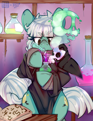 Size: 2550x3300 | Tagged: safe, artist:bbsartboutique, artist:ruef, oc, oc only, oc:sulfur powder, species:earth pony, species:pony, :<, clothing, collaboration, cutie mark, female, frazzled hair, frown, laboratory, mask, plague doctor, plague doctor mask, potion, robe, skull, smoke, solo