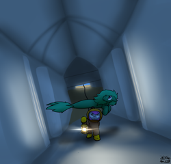 Size: 2104x2018 | Tagged: safe, artist:the-furry-railfan, oc, oc only, oc:crash dive, oc:depth charge, species:pegasus, species:pony, diving suit, exploring, hallway, hose, indoors, lantern, library, merpony, ruins, story included, underwater