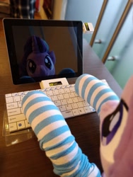 Size: 900x1200 | Tagged: safe, artist:nekokevin, photographer:maikeemaous, character:starlight glimmer, species:pony, species:unicorn, series:nekokevin's glimmy, clothing, female, irl, keyboard, mare, photo, plushie, project seaponycon, singapore, socks, striped socks, tablet, typing