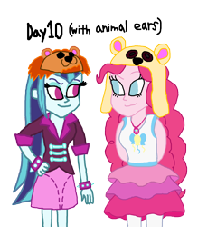 Size: 1500x1712 | Tagged: safe, artist:ktd1993, character:pinkie pie, character:sonata dusk, ship:pinata, g4, my little pony: equestria girls, my little pony:equestria girls, animal ears, clothing, female, geode of sugar bombs, hat, lesbian, magical geodes, shipping
