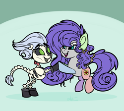 Size: 2000x1790 | Tagged: safe, artist:binkyt11, character:skellinore, oc, oc:penelope, species:pony, episode:the break up break down, boots, chibi, different body parts, ear piercing, earring, female, hoofbump, jewelry, mare, medibang paint, monster pony, piercing, shoes