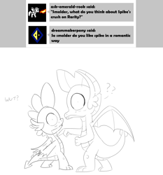 Size: 1152x1234 | Tagged: safe, artist:sintakhra, character:smolder, character:spike, species:dragon, ship:spolder, tumblr:studentsix, ask, blushing, female, implied spolder, male, monochrome, reupload, shipping, straight, tumblr, winged spike