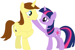 Size: 3569x2400 | Tagged: safe, artist:porygon2z, character:twilight sparkle, oc, oc:hocus pocus, species:pony, blushing, canon x oc, female, male, shipping, simple background, straight, transparent background