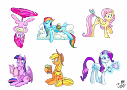 Size: 3508x2480 | Tagged: safe, artist:jowyb, character:applejack, character:daring do, character:fluttershy, character:pinkie pie, character:rainbow dash, character:rarity, character:twilight sparkle, character:twilight sparkle (alicorn), species:alicorn, species:earth pony, species:pegasus, species:pony, species:unicorn, butterfly, cider, cloud, female, glowing horn, levitation, lying on a cloud, magic, magic aura, mane six, mare, paper, pen, pinkiecopter, plushie, simple background, tankard, telekinesis, tongue out, upside down, white background