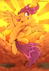 Size: 2540x3696 | Tagged: safe, artist:hioshiru, artist:sugaryviolet, edit, character:scootaloo, species:pegasus, species:pony, chest fluff, cliff, crying, cute, cutie mark, female, filly, floppy ears, flying, heart eyes, scootaloo can fly, scooter, smiling, solo, sunburst background, tears of joy, the cmc's cutie marks, wingding eyes