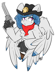 Size: 2426x3162 | Tagged: safe, artist:bbsartboutique, oc, oc only, oc:delta dart, species:hippogriff, badge, bandana, clothing, commission, cowboy hat, gun, handgun, hat, ranger, revolver, simple background, talons, transparent background, weapon, wings