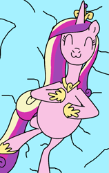 Size: 567x899 | Tagged: safe, artist:didgereethebrony, character:princess cadance, species:alicorn, species:pony, :3, bed, belly, belly rubbing, chubby, fat, female, hoof shoes, lying on bed, not pregnant, princess decadence, solo, stuffed