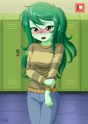 Size: 707x1000 | Tagged: safe, artist:uotapo, character:wallflower blush, equestria girls:forgotten friendship, g4, my little pony: equestria girls, my little pony:equestria girls, blushing, blushing ears, canterlot high, clothing, cute, dawwww, denim, ear blush, female, flowerbetes, flustered, freckles, hallway, hnnng, jeans, lockers, looking down, open mouth, pants, patreon, patreon logo, pun, shy, solo, standing, sweater, visual gag
