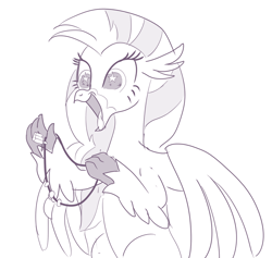 Size: 1048x995 | Tagged: safe, artist:sintakhra, character:silverstream, species:classical hippogriff, species:hippogriff, tumblr:studentsix, claw hold, cute, diastreamies, excited, female, grayscale, irrational exuberance, jewelry, keychain, monochrome, necklace, open mouth, quadrupedal, simple background, smiling, solo, stair keychain, stairs, starry eyes, that hippogriff sure does love stairs, tongue out, white background, wingding eyes