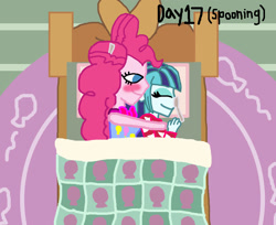 Size: 1600x1308 | Tagged: safe, artist:ktd1993, character:pinkie pie, character:sonata dusk, ship:pinata, my little pony:equestria girls, bed, blushing, clothing, cuddling, female, lesbian, pajamas, shipping, spooning
