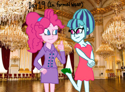 Size: 1600x1174 | Tagged: safe, artist:ktd1993, character:pinkie pie, character:sonata dusk, ship:pinata, my little pony:equestria girls, beehive hairdo, clothing, dress, female, lesbian, ponytail, shipping, tuxedo