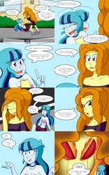 Size: 2000x3200 | Tagged: safe, artist:jake heritagu, character:adagio dazzle, character:sonata dusk, comic:aria's archives, my little pony:equestria girls, angry eyes, belly button, breasts, cleavage, clothing, comic, dialogue, dress, female, grimdark series, it was at this moment that she knew she fucked up, midriff, questionable series, red eyes, see-through, short shirt, speech bubble