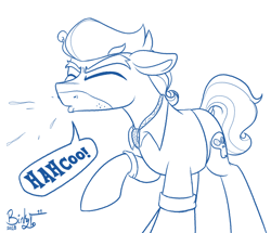 Size: 2050x1763 | Tagged: safe, artist:binkyt11, derpibooru original, character:doctor caballeron, species:earth pony, species:pony, clothing, dialogue, dock, male, monochrome, neckerchief, nostril flare, simple background, sneeze spray, sneezing, snot, solo, speech bubble, stallion, stubble, white background