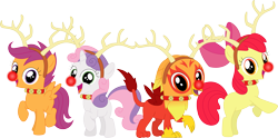 Size: 3571x1772 | Tagged: safe, artist:porygon2z, character:apple bloom, character:scootaloo, character:sweetie belle, oc, oc:heatwave, species:griffon, species:pegasus, species:pony, antlers, chickub, christmas, cutie mark crusaders, holiday, reindeer antlers, rudolph nose