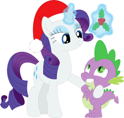 Size: 3580x3393 | Tagged: safe, artist:porygon2z, character:rarity, character:spike, ship:sparity, christmas, clothing, female, hat, holiday, holly, holly mistaken for mistletoe, imminent kissing, male, mistletoe, santa hat, shipping, simple background, straight, transparent background