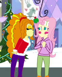 Size: 1930x2394 | Tagged: safe, artist:ktd1993, character:adagio dazzle, character:fluttershy, my little pony:equestria girls, blushing, christmas, female, holiday, holly, holly mistaken for mistletoe, lesbian, shipping, shyagio
