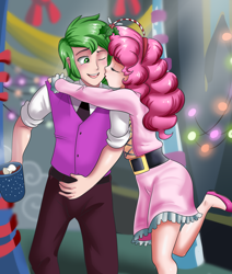 Size: 1738x2048 | Tagged: safe, artist:thebrokencog, character:pinkie pie, character:spike, species:human, ship:pinkiespike, episode:best gift ever, g4, my little pony: friendship is magic, clothing, commission, cup, cute, female, hearth's warming, holly, holly mistaken for mistletoe, hot chocolate, humanized, kissing, male, mistleholly, one eye closed, open mouth, pants, raised leg, shipping, straight, twilight's castle, whipped cream