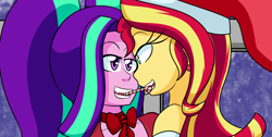 Size: 1260x634 | Tagged: safe, artist:jake heritagu, character:aria blaze, character:sunset shimmer, comic:aria's archives, series:sciset diary, ship:sunblaze, my little pony:equestria girls, candy, candy cane, christmas, clothing, female, food, grimdark series, hat, holiday, lesbian, questionable series, santa hat, shipping, sunblaze