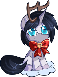 Size: 1453x1918 | Tagged: safe, artist:xwhitedreamsx, oc, oc:sapphire belle, species:pony, species:unicorn, antlers, bell, bow, cloud, cute, female, glasses, horn, simple background, sitting, smiling, solo, transparent background, ych result
