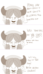 Size: 1152x1946 | Tagged: safe, artist:sintakhra, character:yona, species:yak, tumblr:studentsix, ask, female, monochrome, solo, the fun has been doubled, tumblr