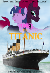 Size: 5450x7840 | Tagged: safe, artist:ejlightning007arts, character:fizzlepop berrytwist, character:tempest shadow, character:twilight sparkle, character:twilight sparkle (alicorn), species:alicorn, species:pony, ship:tempestlight, absurd resolution, coming soon, cute, fanfic art, female, hug, lesbian, poster, ship, shipping, titanic