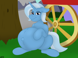 Size: 1280x960 | Tagged: safe, artist:theimmortalwolf, character:trixie, species:pony, species:unicorn, belly, big belly, female, floppy ears, looking at you, mare, outie belly button, pregnant, smiling, trixie's wagon, wheel