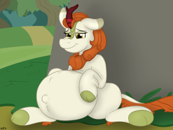 Size: 1280x960 | Tagged: safe, artist:theimmortalwolf, character:autumn blaze, species:kirin, episode:sounds of silence, g4, my little pony: friendship is magic, belly, big belly, female, floppy ears, outie belly button, pregnant, smiling