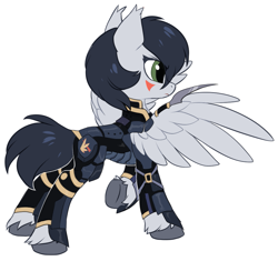 Size: 955x897 | Tagged: safe, artist:hioshiru, oc, oc only, oc:frion, species:pegasus, species:pony, armor, face markings, female, mare, simple background, solo, white background, wingblade