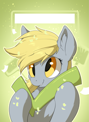 Size: 731x1000 | Tagged: safe, artist:hioshiru, character:derpy hooves, species:pony, badge, bust, check mark, cheek fluff, chest fluff, cute, derpabetes, derpfest, ear fluff, female, portrait, smiling, solo