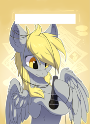 Size: 731x1000 | Tagged: safe, artist:hioshiru, character:derpy hooves, species:pony, badge, derpfest, microphone, tangled up