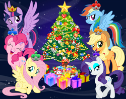 Size: 1832x1443 | Tagged: safe, artist:luckreza8, artist:user15432, character:applejack, character:fluttershy, character:pinkie pie, character:rainbow dash, character:rarity, character:twilight sparkle, character:twilight sparkle (alicorn), species:alicorn, species:earth pony, species:pegasus, species:pony, species:unicorn, episode:best gift ever, g4, my little pony: friendship is magic, candy, candy cane, cardboard twilight, christmas, christmas gift, christmas lights, christmas ornament, christmas ponies, christmas presents, christmas star, christmas tree, crown, decoration, female, food, happy holidays, hasbro, hasbro studios, holiday, jewelry, lights, mane six, merry christmas, present, regalia, royal stickers, stars, stock vector, toy, tree