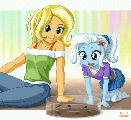 Size: 450x412 | Tagged: safe, artist:uotapo, idw, character:sunflower spectacle, character:trixie, g4, my little pony:equestria girls, adorable distress, animated, clothing, cute, diatrixes, female, frog, gif, mother and daughter, one eye closed, open mouth, pants, ponytail, signature, skirt, socks, stars, tadpole, thigh highs, transformation, weapons-grade cute, wink, younger