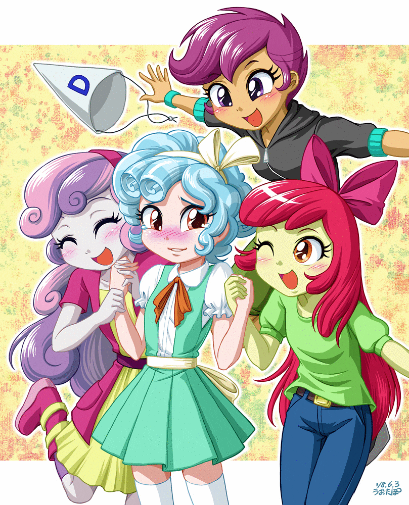 Size: 809x1000 | Tagged: safe, alternate version, artist:uotapo, character:apple bloom, character:cozy glow, character:scootaloo, character:sweetie belle, species:pegasus, species:pony, episode:marks for effort, g4, my little pony: friendship is magic, my little pony:equestria girls, animated, blushing, bow, clothing, cozy glow is best facemaker, cozybetes, crazy glow, cute, cutie mark crusaders, dunce hat, equestria girls-ified, eyes closed, female, gif, hat, holding hands, insanity, one eye closed, pants, quartet, this will end in betrayal, this will end in tears, this will not end well, wink, yandere, yandereglow