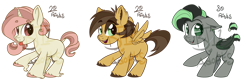 Size: 1280x427 | Tagged: safe, artist:binkyt11, base used, oc, oc only, species:bat pony, species:pegasus, species:pony, species:unicorn, adoptable, beanbrows, blep, chibi, cloven hooves, curved horn, dock, ear fluff, eyebrows, fangs, female, folded wings, freckles, heart eyes, horn, jewelry, male, mare, necklace, silly, simple background, slit pupils, spread wings, stallion, starry eyes, tail wrap, tongue out, transparent background, unshorn fetlocks, watermark, wingding eyes, wings