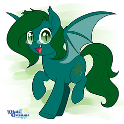 Size: 2224x2227 | Tagged: safe, artist:xwhitedreamsx, oc, oc only, oc:evergreen skies, species:bat pony, species:pony, bat pony oc, commission, cute, cute little fangs, fangs, female, glasses, looking at you, mare, open mouth, smiling, solo