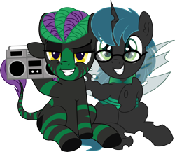 Size: 5442x4724 | Tagged: safe, artist:cyanlightning, oc, oc only, oc:acid drive, oc:stratamax, species:changeling, species:pony, species:unicorn, 2019 community collab, derpibooru community collaboration, .svg available, absurd resolution, boombox, duo, glasses, jewelry, male, necklace, open mouth, simple background, sitting, smiling, smug, spread wings, stallion, transparent background, vector, wings