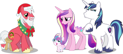 Size: 2451x1084 | Tagged: safe, artist:anarchemitis, artist:cyanlightning, artist:mewtwo-ex, artist:rustle-rose, artist:stillfire, edit, editor:slayerbvc, character:big mcintosh, character:princess cadance, character:princess flurry heart, character:shining armor, species:alicorn, species:earth pony, species:pony, species:unicorn, accessory-less edit, alternate cutie mark, alternate hair color, baby, baby pony, barehoof, beard, christmas, clothing, costume, cute, diaper, edited edit, facial hair, female, filly, foal, grin, hat, holiday, looking away, looking down, looking up, male, mare, missing accessory, paint, royal family, santa claus, santa hat, santa hooves, sitting, smiling, stallion, stool, vector, vector edit, wreath