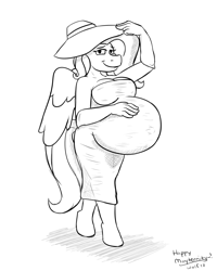 Size: 1280x1600 | Tagged: safe, artist:theimmortalwolf, character:fluttershy, species:anthro, species:pegasus, species:pony, species:unguligrade anthro, belly, big belly, breasts, busty fluttershy, clothing, dress, female, hand on belly, hat, looking at you, mare, monochrome, pregnant, smiling, walking