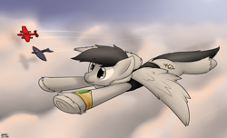 Size: 3081x1869 | Tagged: safe, artist:the-furry-railfan, oc, oc only, oc:silver wing, species:pegasus, species:pony, aircraft, bracelet, clothing, cloud, cloudy, contrail, emerald, evening, flying, jacket, jet, jewelry, plane, pulsejet, scenery, sunset, unshorn fetlocks