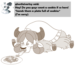 Size: 788x695 | Tagged: safe, artist:sintakhra, character:yona, species:yak, tumblr:studentsix, bow, cloven hooves, cookie, female, food, grayscale, hair bow, monkey swings, monochrome, plate, prone, simple background, solo, tongue out, white background