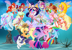 Size: 2279x1577 | Tagged: safe, artist:infinitewarlock, artist:user15432, character:applejack, character:fluttershy, character:pinkie pie, character:rainbow dash, character:rarity, character:twilight sparkle, character:twilight sparkle (alicorn), species:alicorn, species:pony, species:seapony (g4), my little pony: the movie (2017), spoiler:my little pony the movie, aisha, armpits, bloom (winx club), clothing, crossover, fairies, fairies are magic, fairy, fairy wings, fin wings, fins, flora (winx club), harmonix, hasbro, hasbro studios, layla, mane six, musa, ocean, rainbow s.r.l, sea ponies, seaponified, seapony applejack, seapony fluttershy, seapony pinkie pie, seapony rainbow dash, seapony rarity, seapony twilight, species swap, stella (winx club), swimming, tecna, under the sea, underwater, water, watershy, wings, winx, winx club