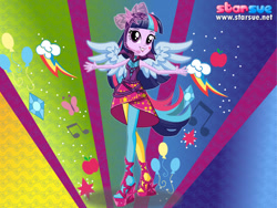 Size: 800x600 | Tagged: safe, artist:user15432, character:twilight sparkle, character:twilight sparkle (alicorn), species:alicorn, species:human, species:pony, equestria girls:rainbow rocks, g4, my little pony: equestria girls, my little pony:equestria girls, clothing, dressup, high heels, humanized, leggings, ponied up, pony ears, rainbow hair, rainbow rocks outfit, rock and roll, rockstar, shoes, starsue, winged humanization, wings