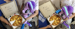 Size: 2333x900 | Tagged: safe, artist:nekokevin, character:starlight glimmer, species:human, species:pony, species:unicorn, series:nekokevin's glimmy, clothing, female, food, holding, irl, irl human, mare, offscreen character, photo, pineapple pizza, pizza, pizza box, plushie, pure unfiltered evil, smiling, socks, striped socks, that pony sure does love pineapple pizza