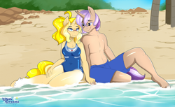 Size: 5090x3121 | Tagged: safe, artist:xwhitedreamsx, oc, oc only, species:anthro, species:pony, species:unguligrade anthro, species:unicorn, anthro oc, beach, clothing, commission, female, glasses, holding hands, male, mare, one-piece swimsuit, palm tree, sand, stallion, swimsuit, tree