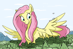 Size: 720x487 | Tagged: safe, artist:greyscaleart, artist:taurson, character:fluttershy, species:bird, species:pegasus, species:pony, collaboration, female, forest, giant pony, looking at something, looking down, looking sideways, macro, mare, sky, smiling, spread wings, three quarter view, tree, wings