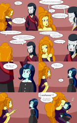 Size: 2000x3200 | Tagged: safe, artist:jake heritagu, character:adagio dazzle, character:chancellor neighsay, oc, oc:dolly dusk, parent:chancellor neighsay, comic:aria's archives, my little pony:equestria girls, adoragio, beard, clothing, comic, cute, dialogue, dress, equestria girls-ified, facial hair, female, grimdark series, hug, male, mamadagio, questionable series, speech bubble, squee