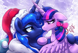 Size: 1320x900 | Tagged: safe, artist:joakaha, character:princess luna, character:twilight sparkle, character:twilight sparkle (alicorn), species:alicorn, species:pony, ship:twiluna, g4, christmas, clothing, eyebrows, female, hat, holiday, imminent kissing, lesbian, looking at each other, mare, profile, santa hat, shipping, signature, smiling
