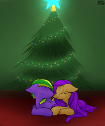 Size: 1556x1864 | Tagged: safe, artist:the-furry-railfan, oc, oc only, oc:jdm pon3, oc:muffin pop, species:earth pony, species:pony, christmas, christmas lights, christmas tree, couple, cute, holiday, nuzzling, tree